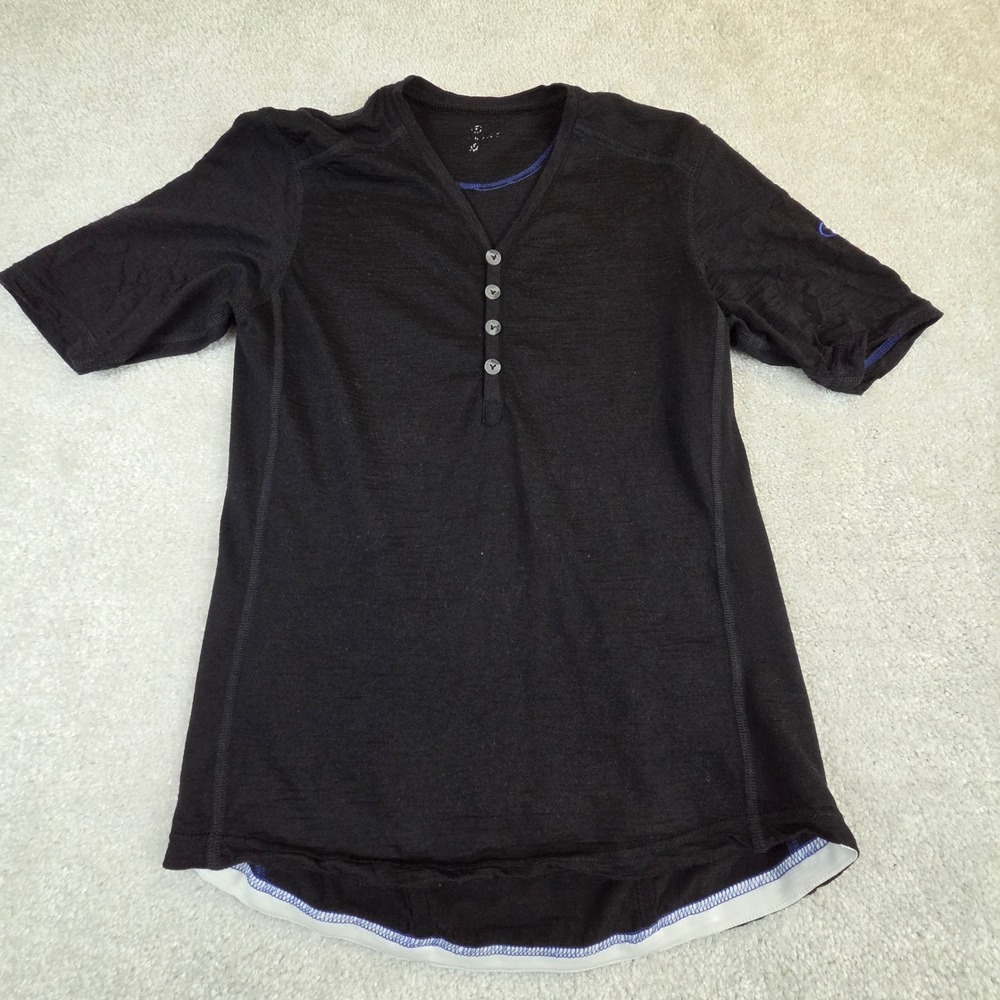 Vulpine Womens Black 100% Merino Wool Cycling Henley Jersey Short Sleeve Small